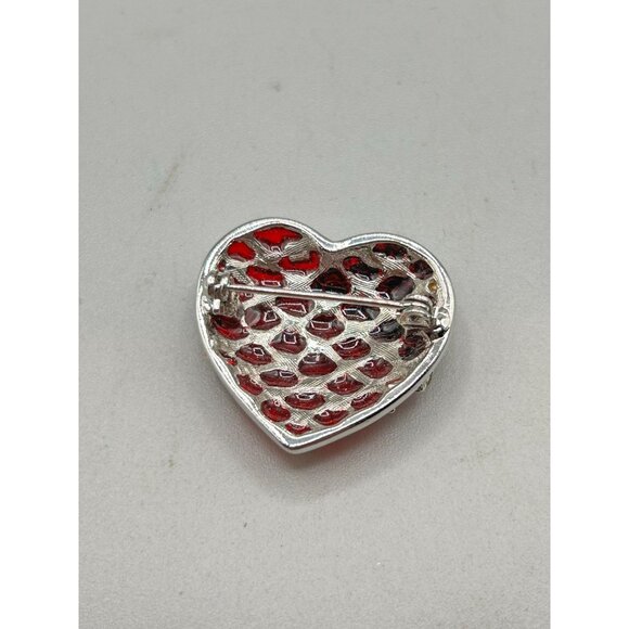Vintage Heart Pin Brooch Red Poured Resin and Rhinestones Red Heart Love Pin - Picture 7 of 9